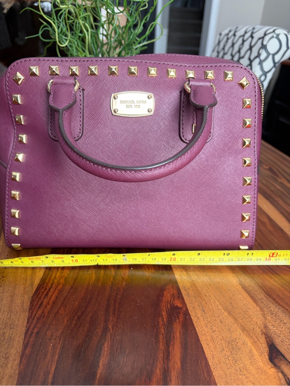 Michael Kors Plum Saffiano Leather Studded Satchel (zipper broken)